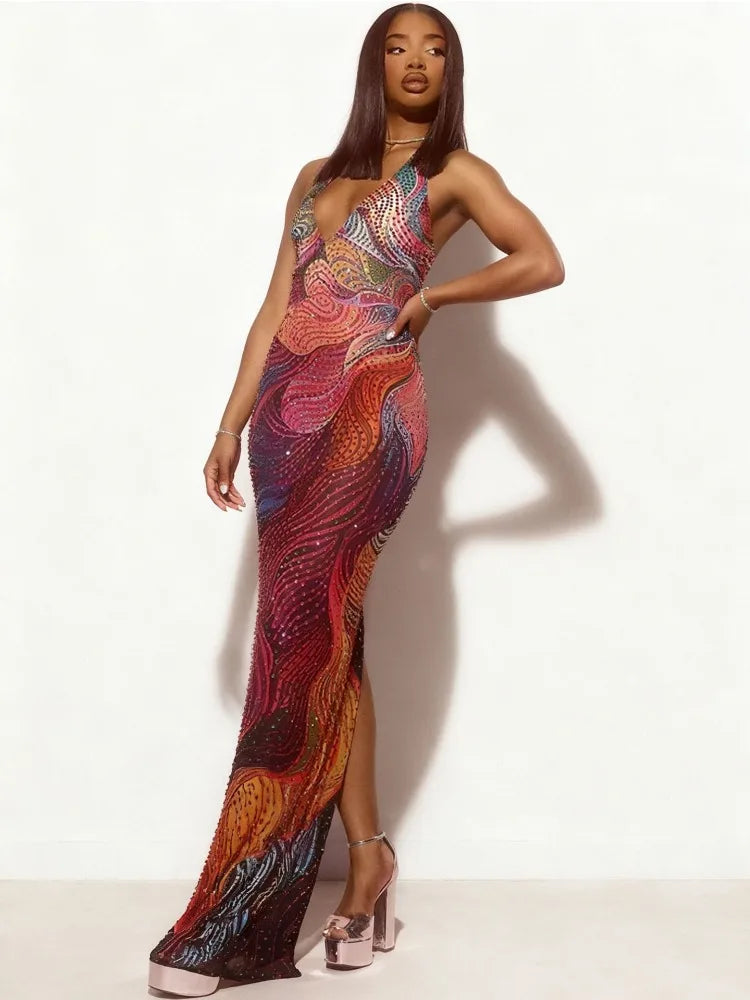Sexy Fish Club Elegant Long Dresses Colorful Halter Neck Maxi Dress V Neck Backless Bodycon Fashion Style Sleeveless Party Dress