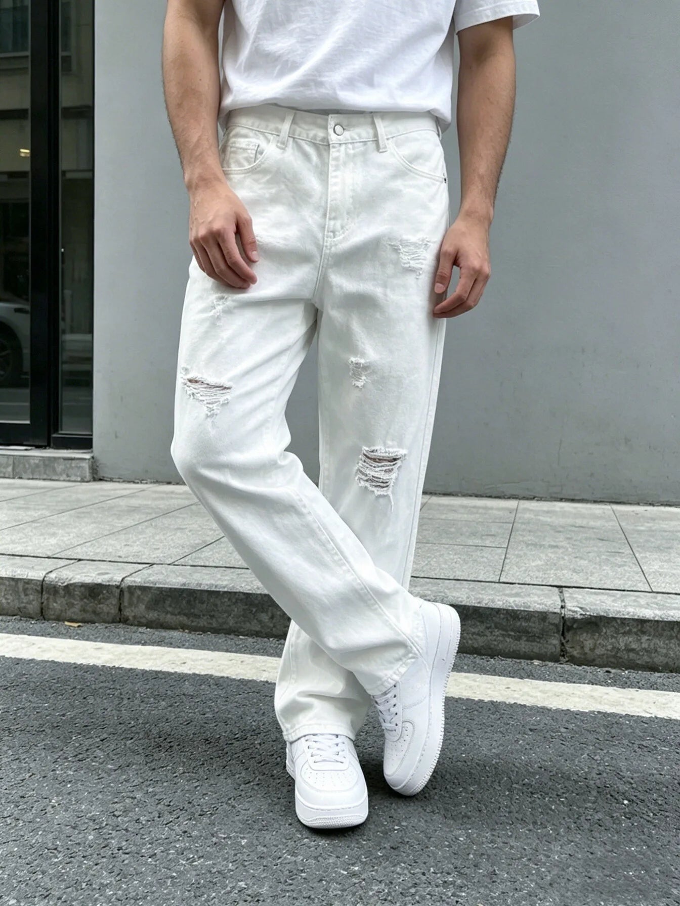 Men Denim Jeans Pants Clothing Trousers Men's White Ripped Loose Straight Leg Denim Jeans Men's White Ripped Jeans Loose Straigh