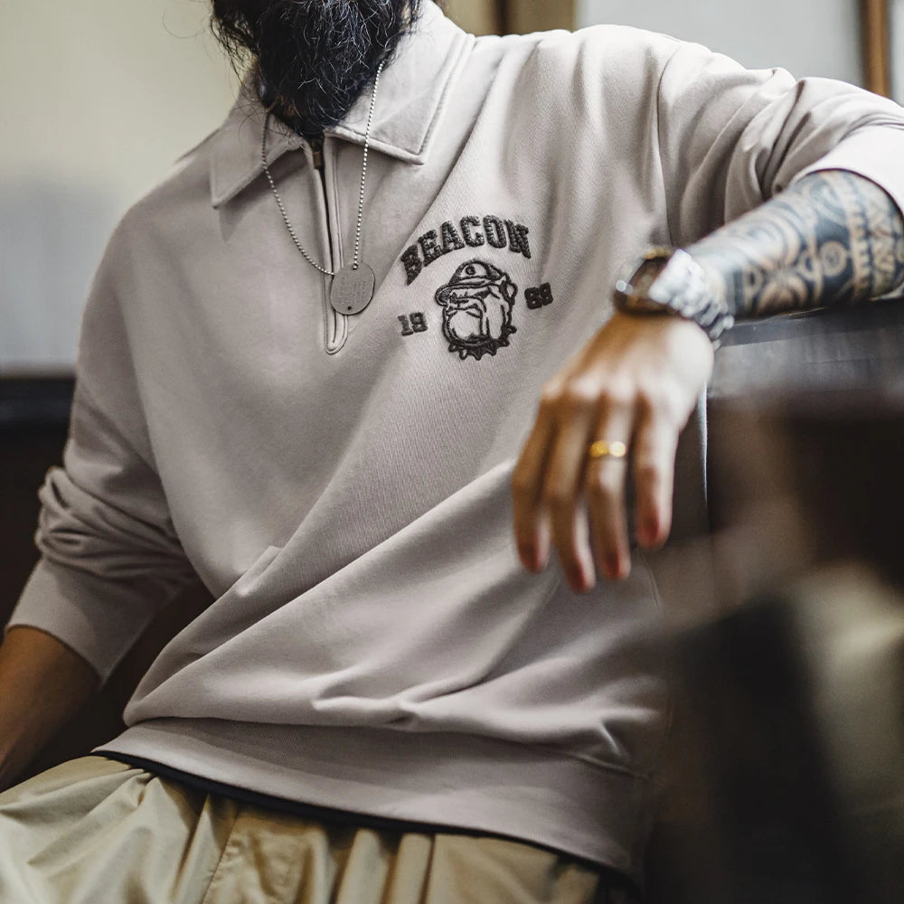 Maden Vintage Men's Long Sleeve Embroidered Sweatshirt with Letters Half-open Front Casual Hoodie Turned-up Collar for Spring