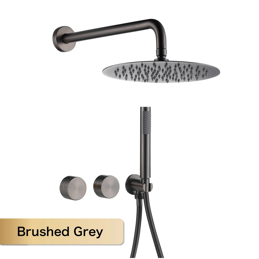 Luxury Gun Gray Brass Wall Mounted Shower System with Embedded Design, Dual Handle Hot and Cold Water, Simple Bathroom Faucet