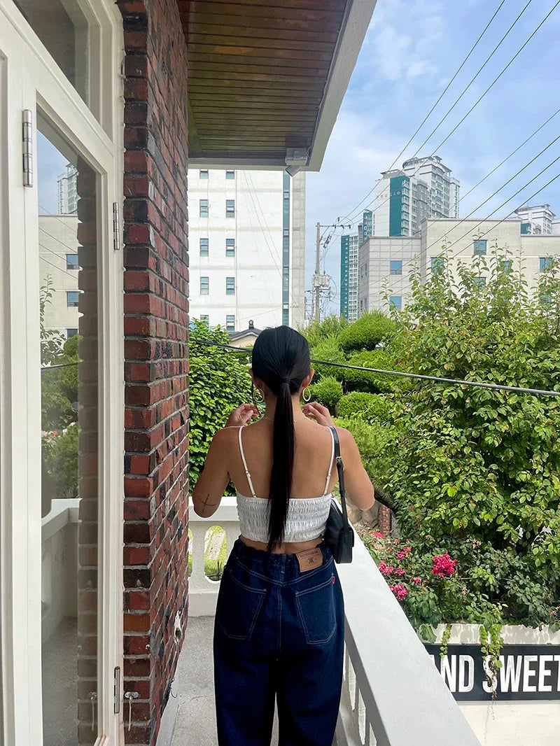 Retro High-waisted Women's Straight Jeans Summer New Fashion Loose Drawstring Design