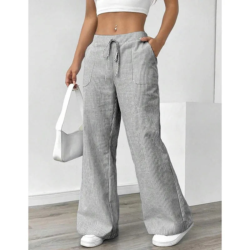 American Style Retro Vertical Stripe Drawstring Wide Leg Pants High Waist Dipping Loose Straight Casual Pants