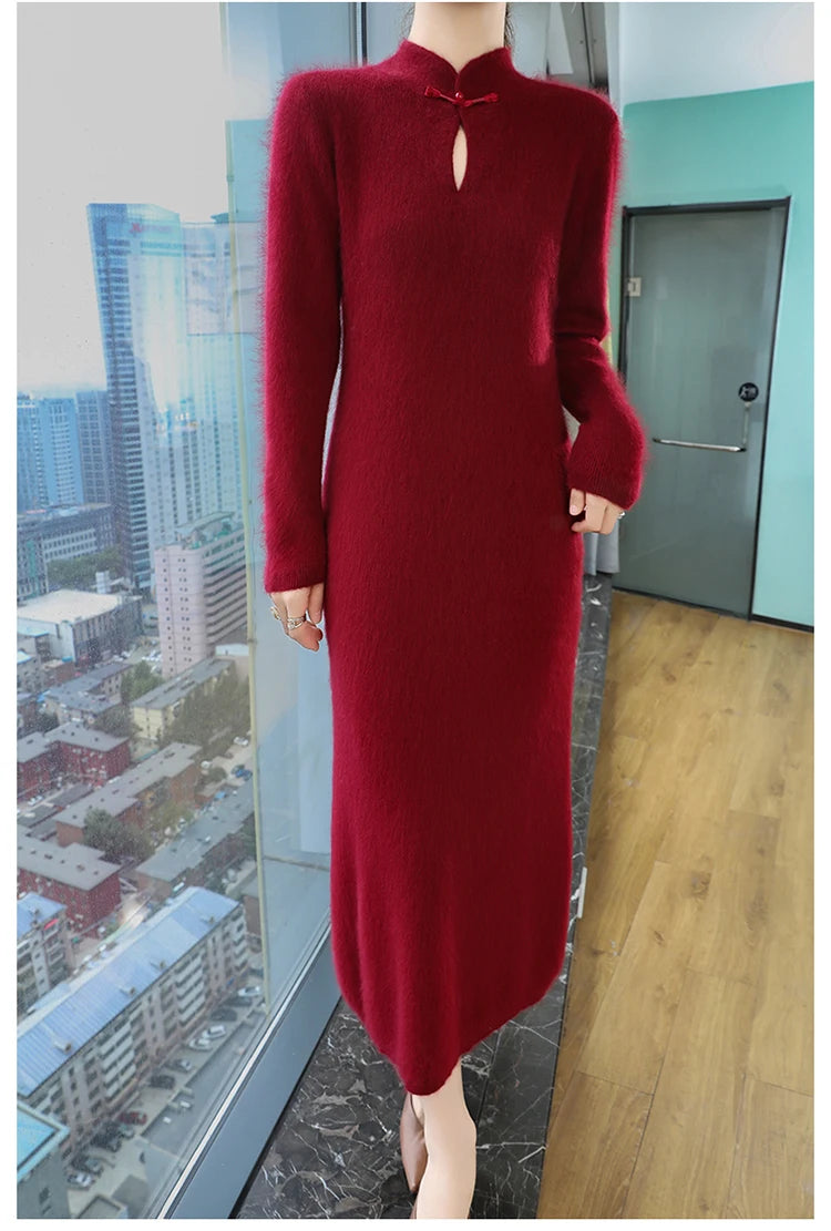 Women' 100%Pure Mink Cashmere Dress Stand-Up Collar Buckle Slim Knit Long Skirt Fashion High Waist Over The Knee Bottoming Dress
