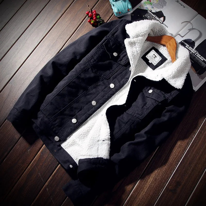 Autumn Winter Fleece Denim Jacket Men's Slim Thick Sherpa Casual Outerwear