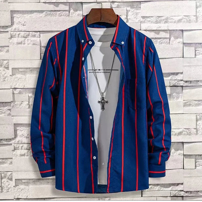 Stylish Men's Striped Shirt Printed Casual Business Dress Shirts Long Sleeve All-Match Slim Fit Fashion Korean Streetwear Shirts