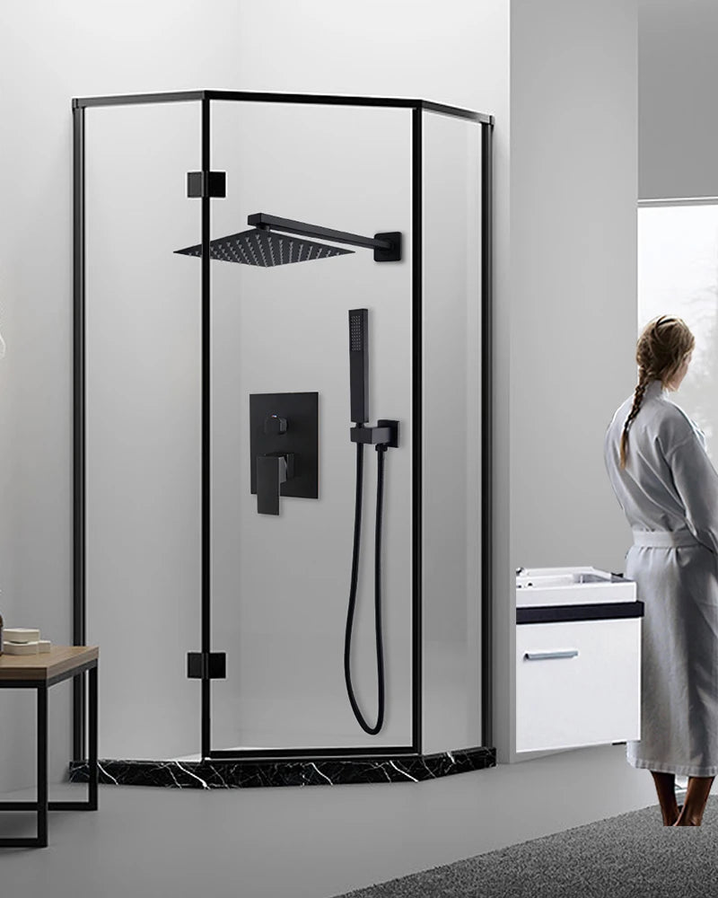 KEMAID Matte Black Rainfall Shower Faucet Systerm W/ Embedded Box Valve Wall Mounted Shower Faucets 2 Way Function Mixer Gold