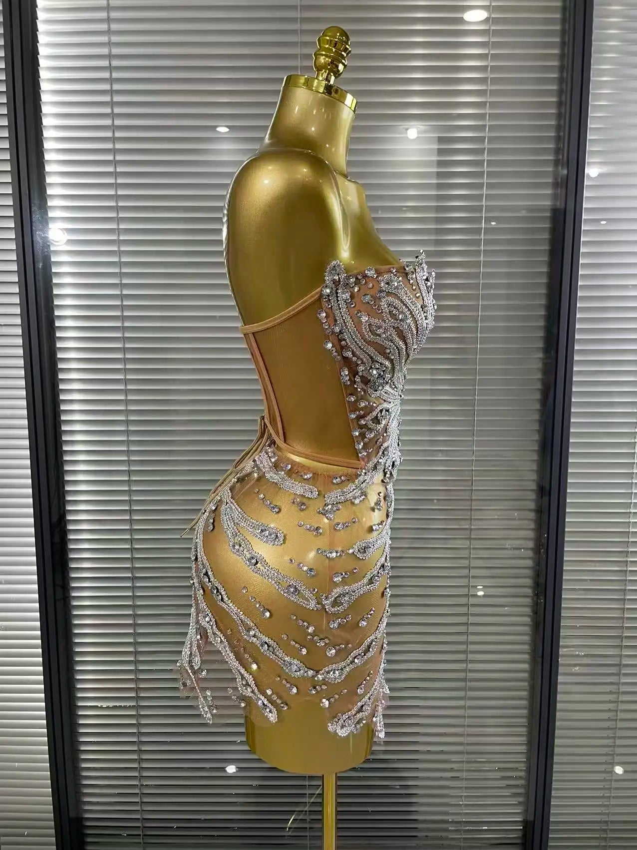 Shining Sequins Women Sexy Strapless Mesh See Through Bodycon Mini Dress Nightclub Party Celebrate Birthday Stage Wear