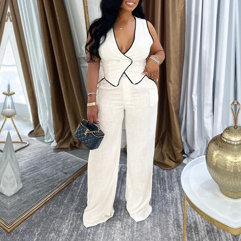 BKLD 2025 Women's Temperament Commuting Suit Contrasting Button Sleeveless Vest Tops+Zipper Pockets Pants Fashion Casual Outfits