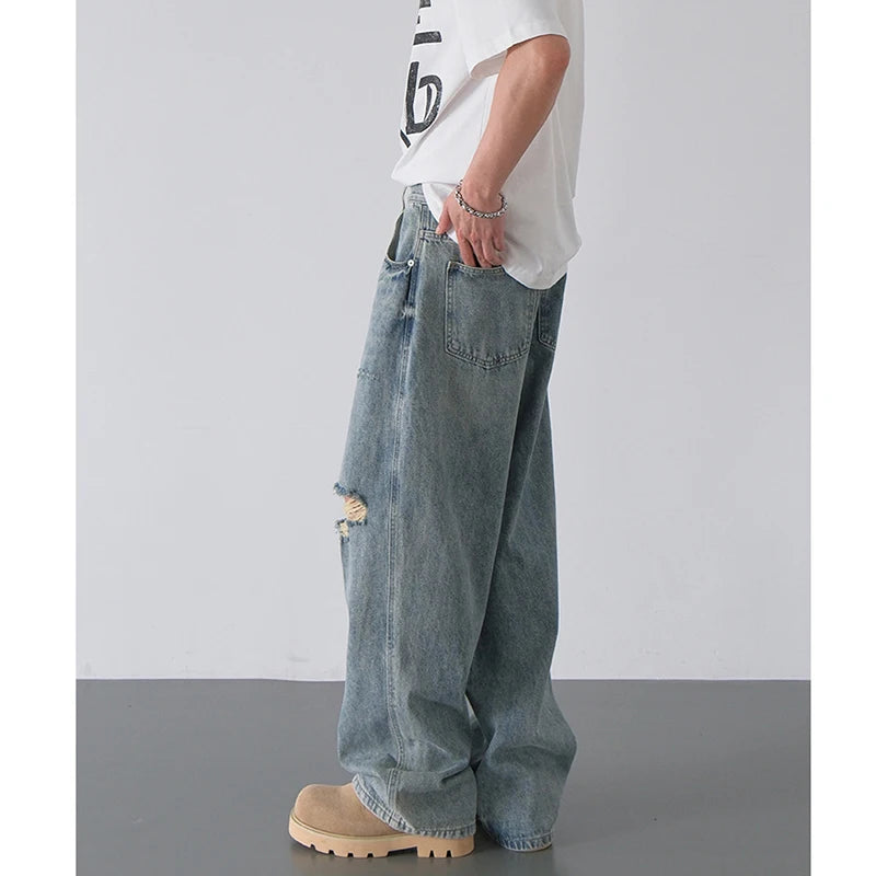 2026 Spring Summer New Men Baggy Ripped Straight Leg Wide Leg Jeans American Style Vintage Trend Male Versatile Denim Trousers