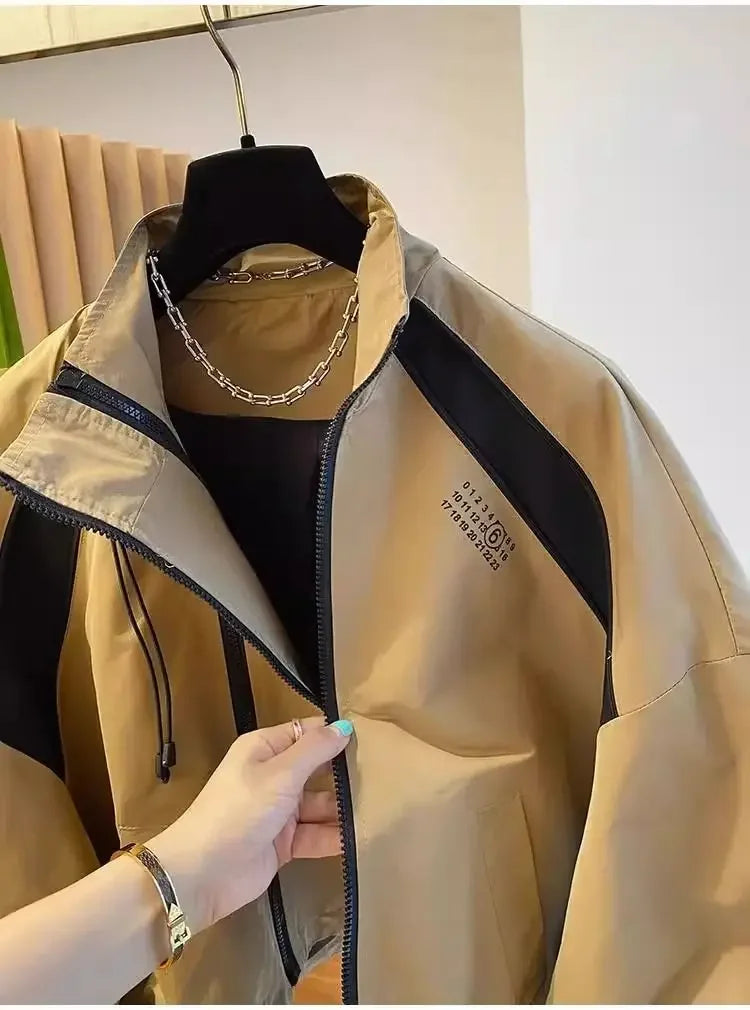 Retro Street INS Style Double Zipper Women's Stand Up Collar Jacket Spring and Autumn Casual Loose Y2k Long Sleeve Top Coat