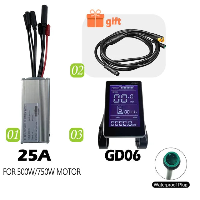 250W-750W Brushless For Electric Bike Controller LCD Panel Scooter EN06 S830 S866 JN Controller 15A 25A WP Plug Square Wave GD06