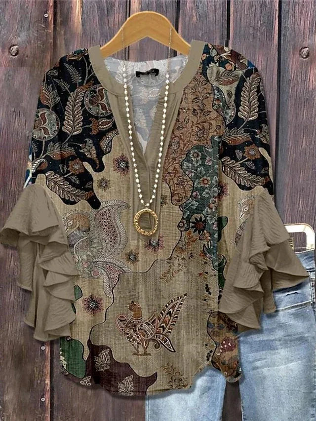 Women's Floral Print Ruffle Sleeve Blouse Casual Loose Fit Soft Comfortable Shirt Top for Daily Office Wear