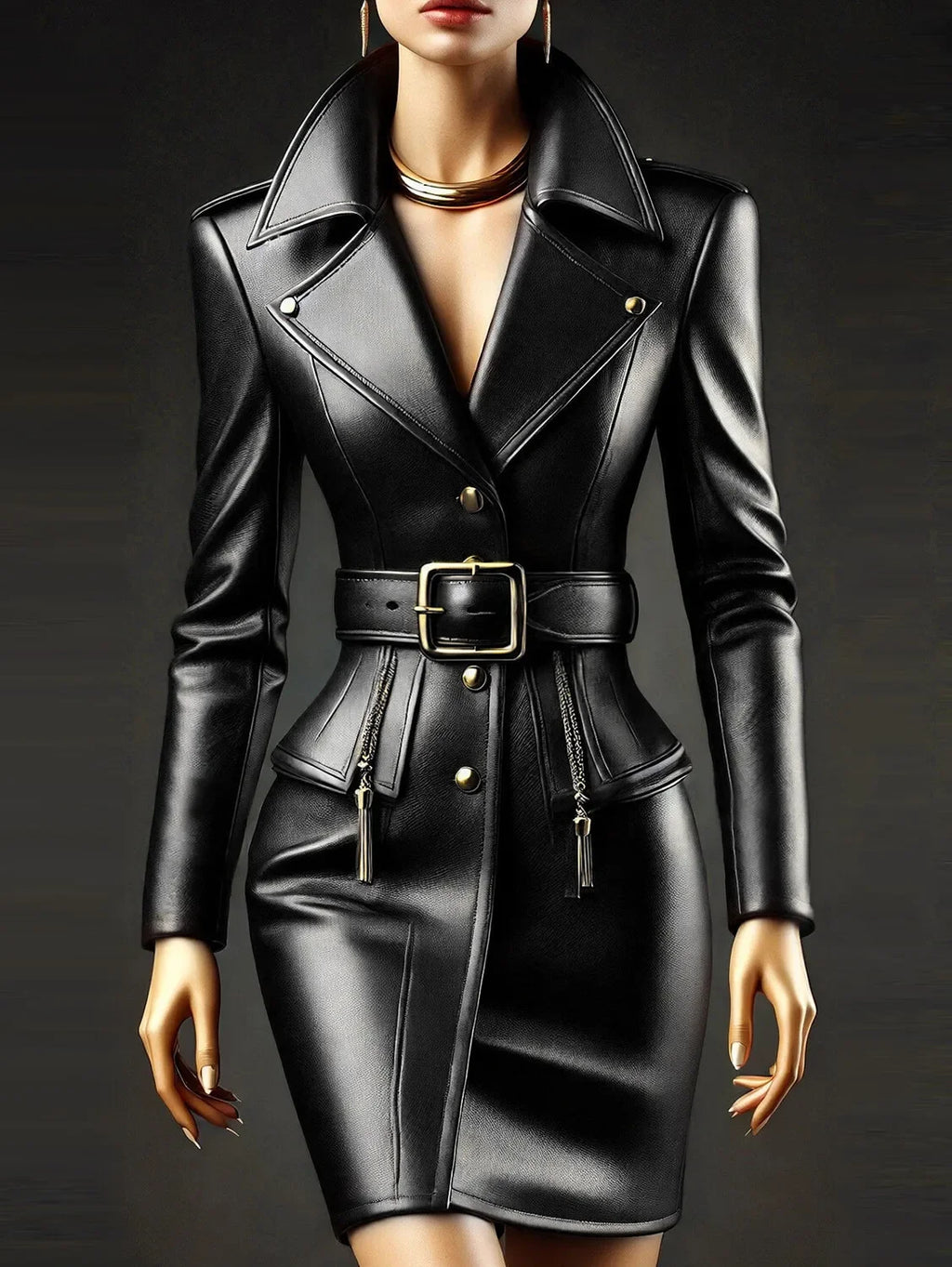 Women PU Leather Dress Lapel Collar Button Long Sleeve with Belt Casual Vintage Pockets Slim Elegant Office Lady Mini Dresses