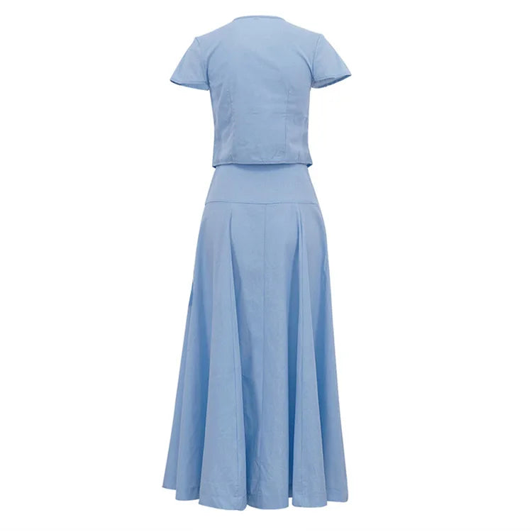 Two Pieces Women Dress Sets Solid Matching Sets Button Short Sleeves Top Empire Waist Ankle Length Skirt Loose Fit 2026 Summer