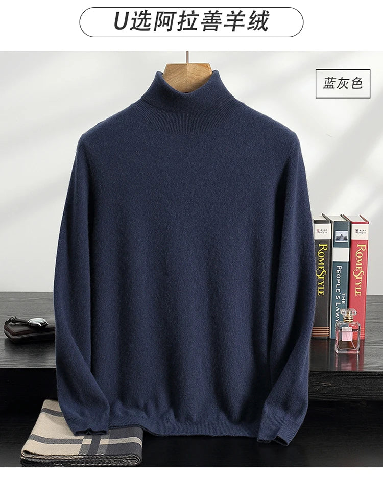 Autumn/Winter Men's 100% Cashmere Pullover Business Casual Solid Knitted Sweater Loose High Collar Tops Basic Thick Warm Jumper
