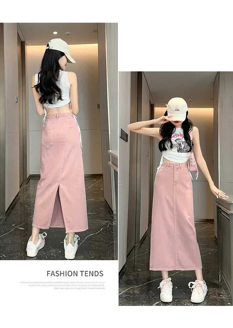 New Summer Women's 100% Cotton Denim Shorts Pink High-waisted Slit Retro Elegant Fashionable Casual Denim Long Skirt Female