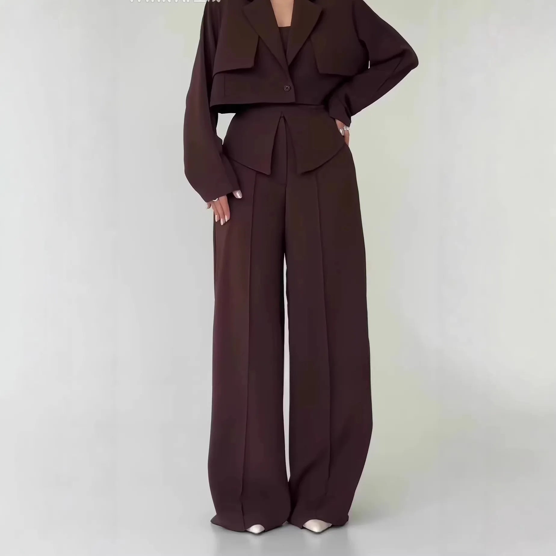 Pant Set Women 3 Piece Sets Lapel Full Sleeve Blazers Plain Sling Top Wide Leg Long Pants Splice Y2k Streetwear Work Summer 2026