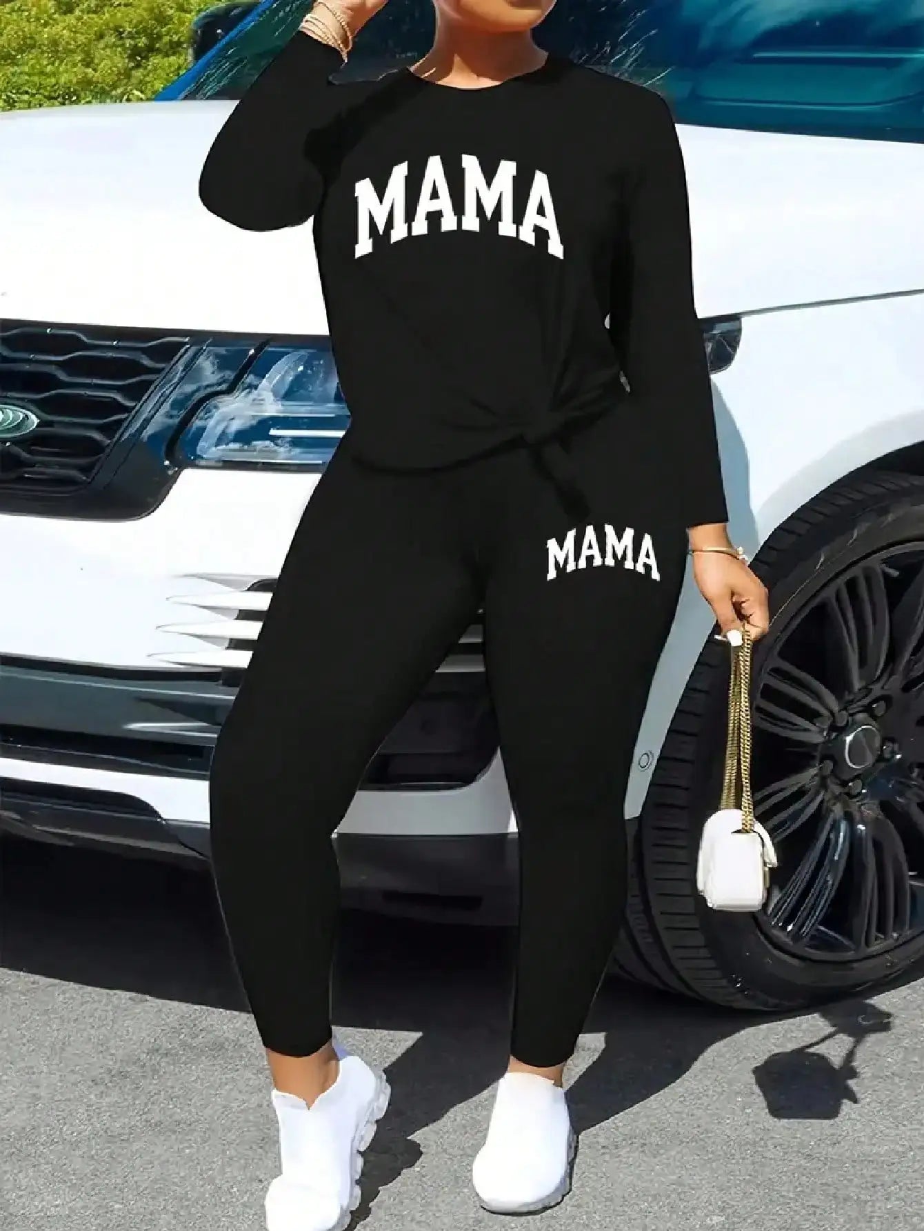 2026 Women's Casual Two Piece Set round Neck Long Sleeve Top Solid Color Printed Leg Tight Pants Outfit