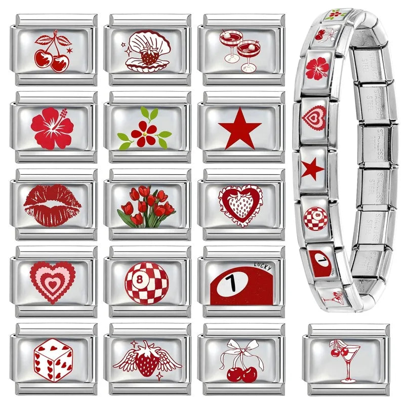 Fashion Red Series Heart Flower Bowknot Cherry Women Men Charm Link fit 9mm Stainless Steel Italian Bracelet Making DIY Jewelry
