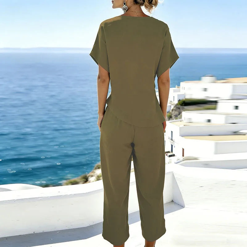 Summer Fashion Solid Women's Two Pieces Set Elegant V Neck Slim Office Suit Casual Pleated Irregular Top And Pants Female Outfit
