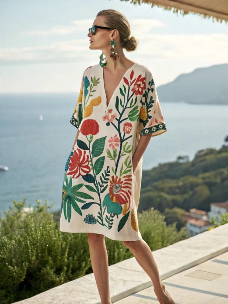 Fashion Retro Printed Short-sleeved Loose Women's Dress New Summer Style Deep V Neck Casual Seaside Vacation Female Dresses 2025
