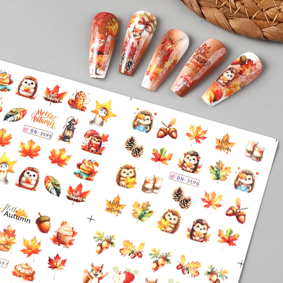 Autumn Maple Leaves Nail Art Stickers Sliders Hedgehog Squirrel  Fall Leaf Turkey Nail Water Transfer Sticker Decal Decorations