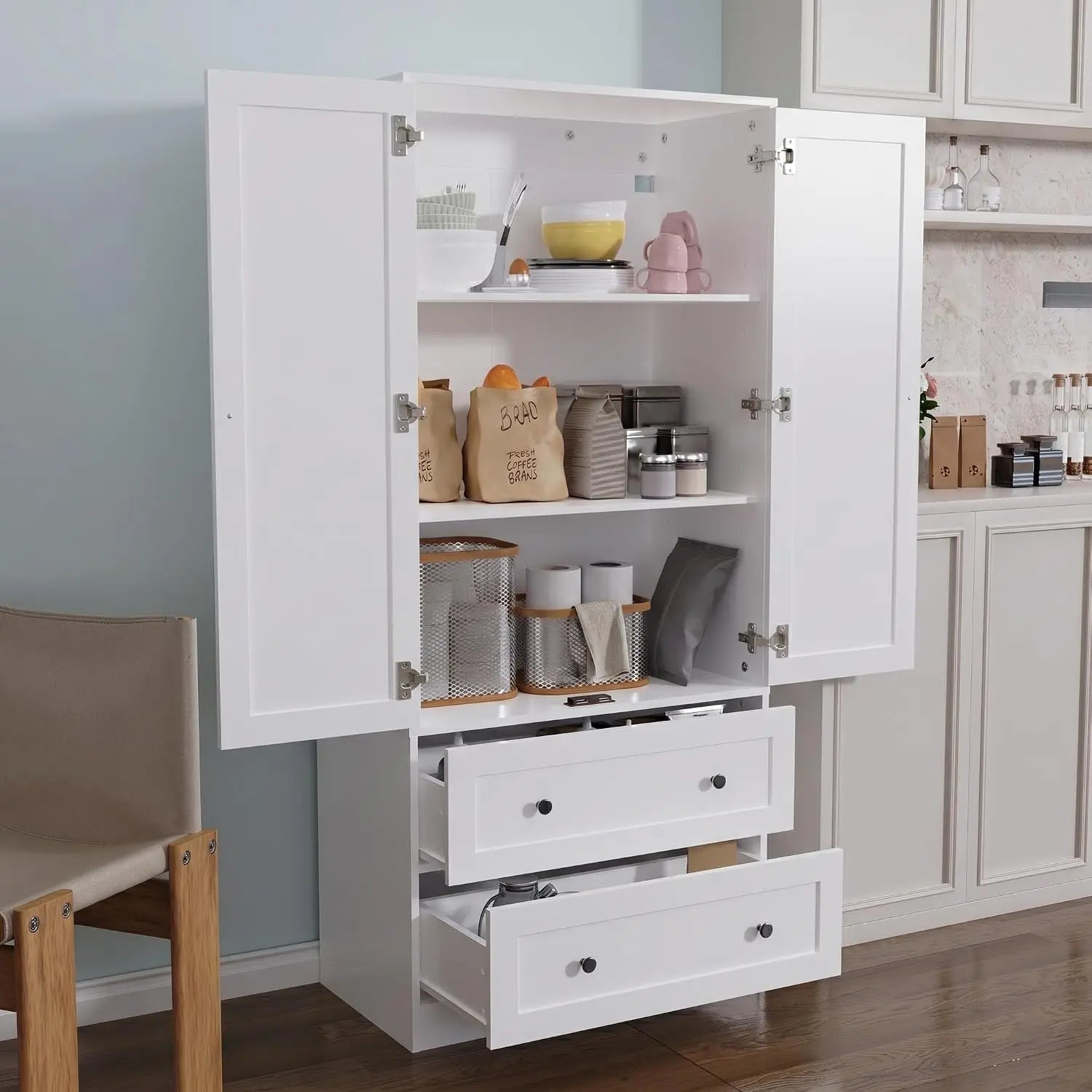 Tall White Kitchen Pantry, Storage Cabinet with Doors and Drawers, Freestanding Wooden Organizer for Kitchen, Customized