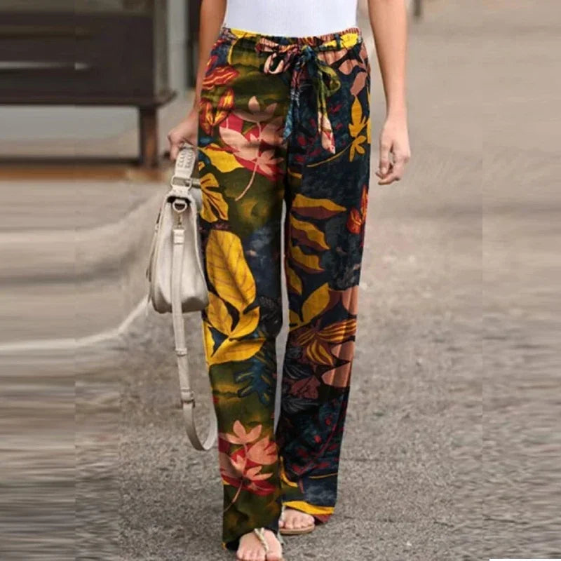 High Waist Drawstring Straight Women Pants 2024 Spring Fashion Loose Trousers Vintage Printed Casual Ladies Wide-Leg Long Pant