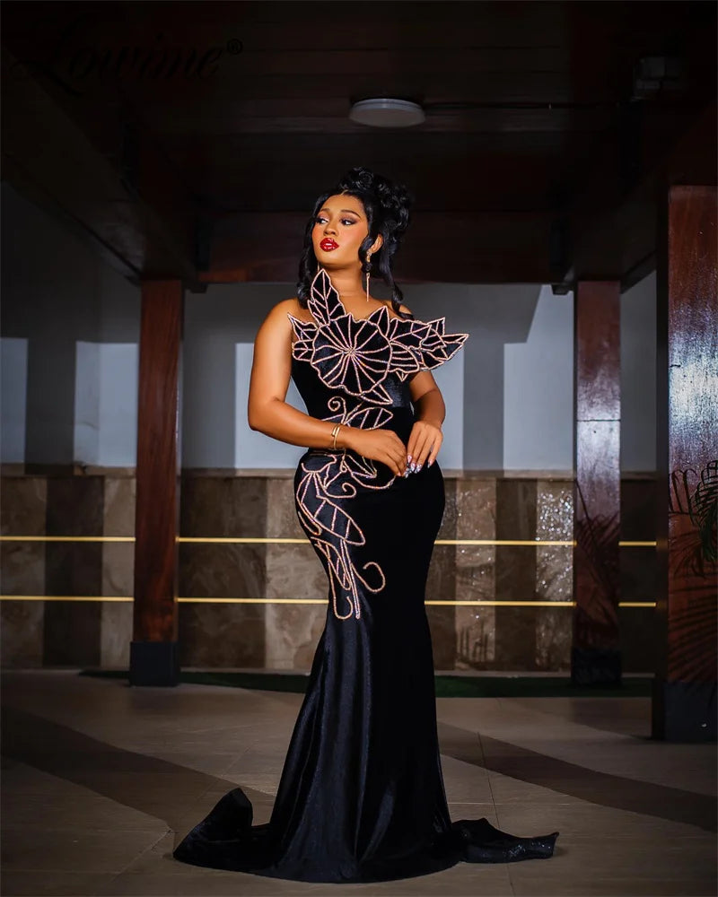 2024 Black Velvet Mermaid Bespoke Occasion Dresses Long African Women Elegant Evening Gowns Custom Made Beaded Prom Party Dress