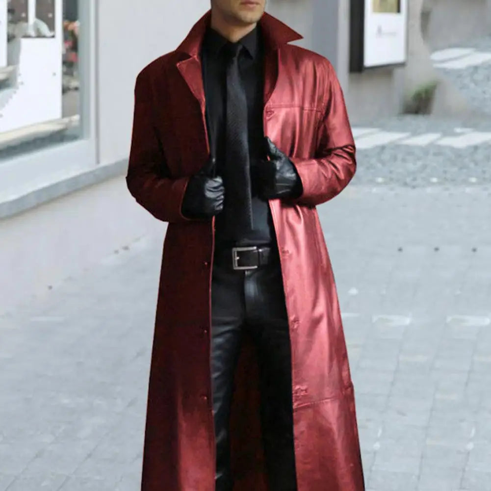 Men Faux Leather Jacket Stylish Men's Faux Leather Trench Coat with Turn-down Collar Windproof Design Slim Fit for Long