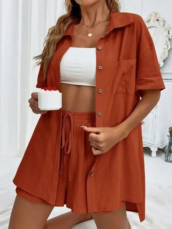 Solid Color Single Breasted Top Casual Loose Short Pants Sets Women Summer Women's 2 Pieces Suit Full Set Female Outfit Clothes