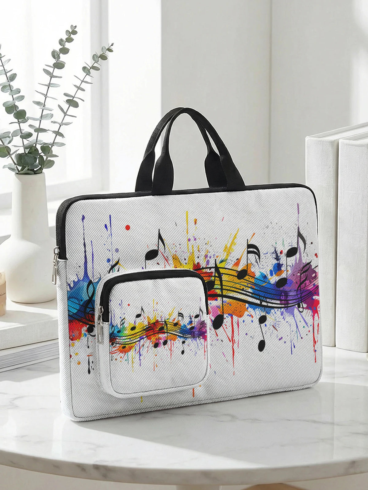Rainbow Splash Music Note Laptop Handbag With Extra Pocket Shockproof Notebook Case For 13-15.6 Inch Laptops