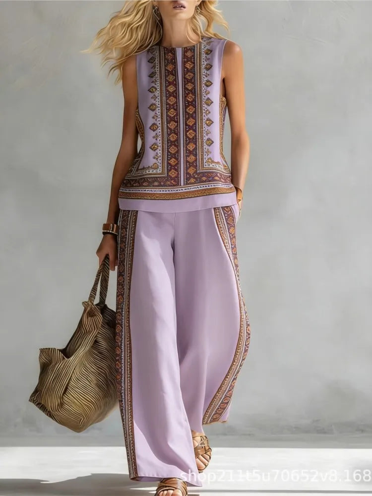Fashion Retro Printed Sleeveless Tops Trousers 2-piece Set Women's Summer Casual Vest Loose Wide Leg Trousers Female Suit Pocket