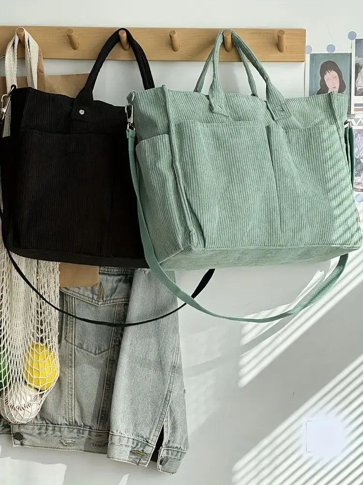 Corduroy Crossbody Tote Bag Stylish Commuter Shoulder Bag with Multiple Spacious Pockets Handbag for Women