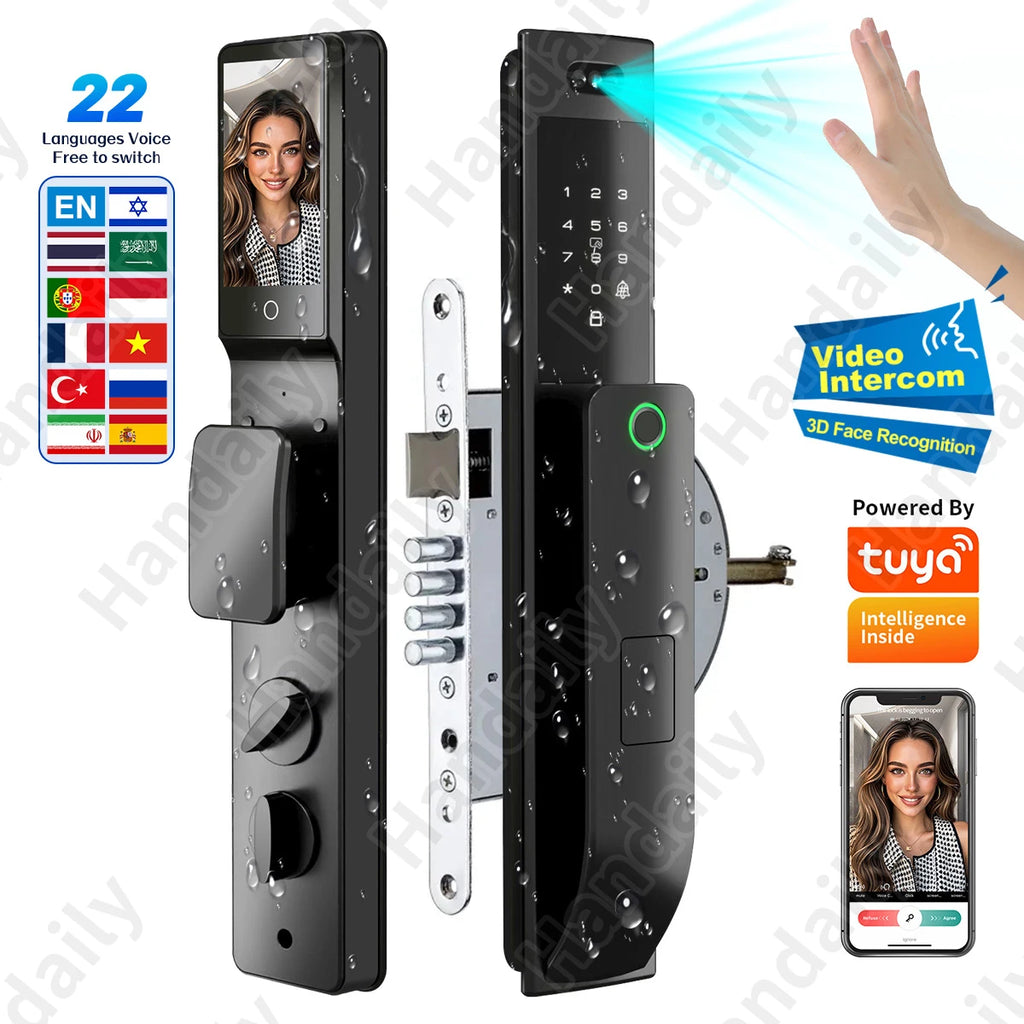 HanDaily Waterproof Smart Door Locks with Camera Video Intercom Palm Face Recognition Smart Lock Tuya Wifi App Remote Control