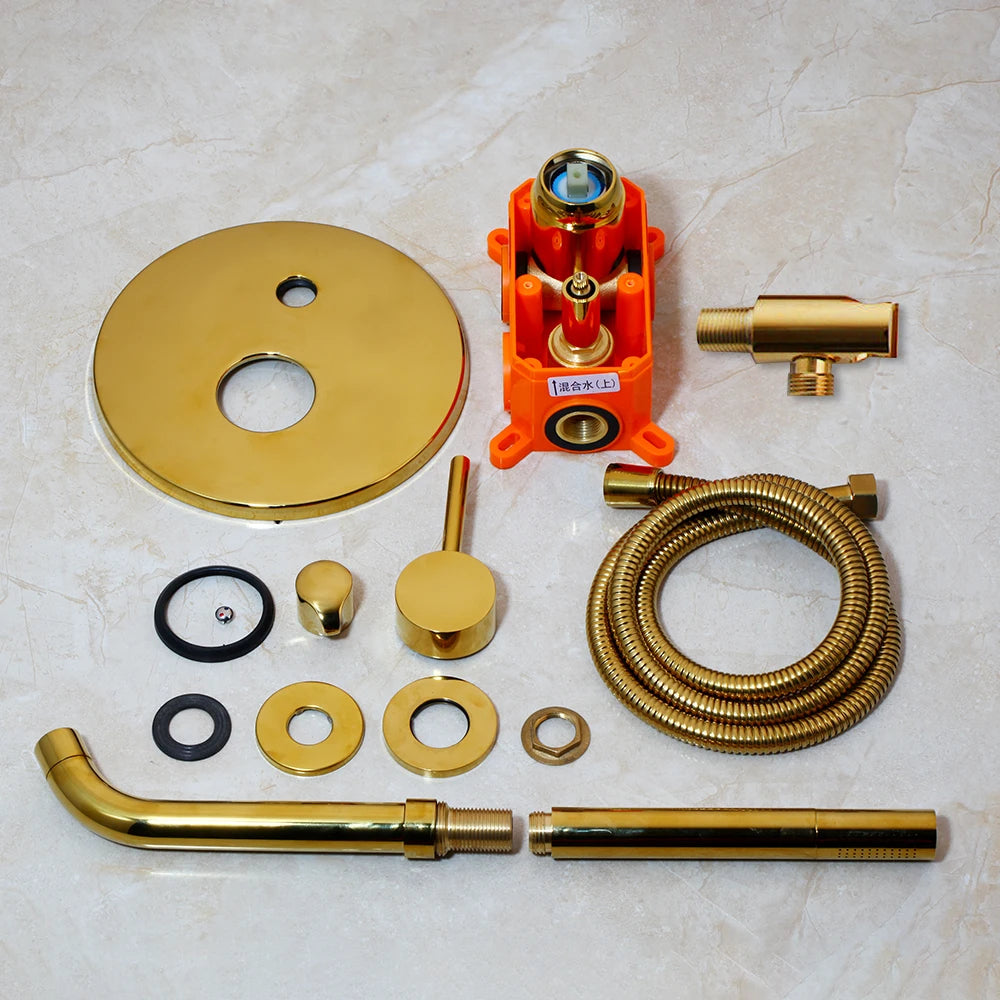 OUBONI Brush Gold Bathroom Shower Systerm Bathtub Faucet Wall Mount Golden Plated 2 Ways athtub Mixer Shower Set Mixer Tap