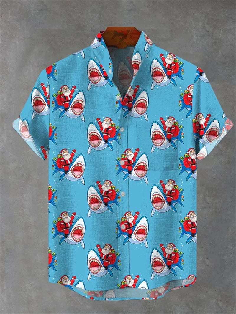 2025 New Men's Shirt With 3D Printed Cat Casual Short Sleeved Top, Fashionable Lapel Button Up Shirt Made Of Linen