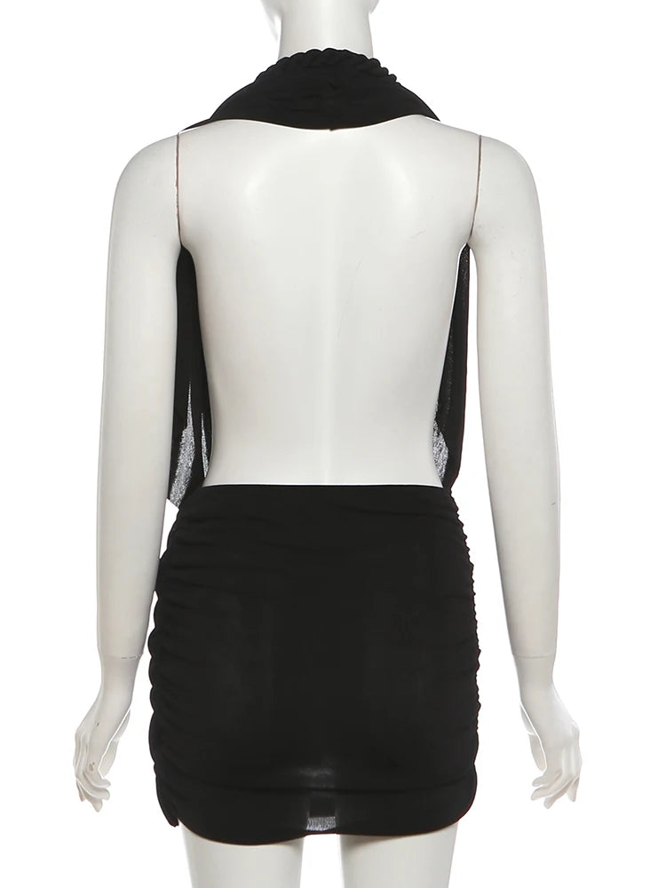 Nibber Backless Dress Woman Twist Bandage Halter Swing Collar Cleavage Sleeveless Midnight Club Party Sexy Fashion Mini Bodycon