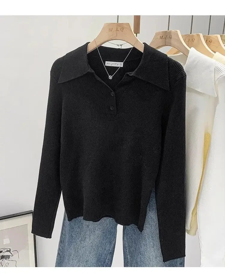 Polo Collar Knit Sweater Women Pullovers Casual Button Front Long Sleeve Rib-knit Jumper Chic Knitwear Trend Autumn Winter Tops