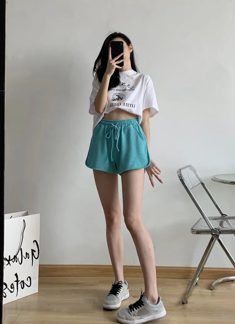 New2026 Women's Summer Casual Loose Drawstring Sports Shorts Elastic High Waist Fitness Running A-line Shorts Leisure Home Pants