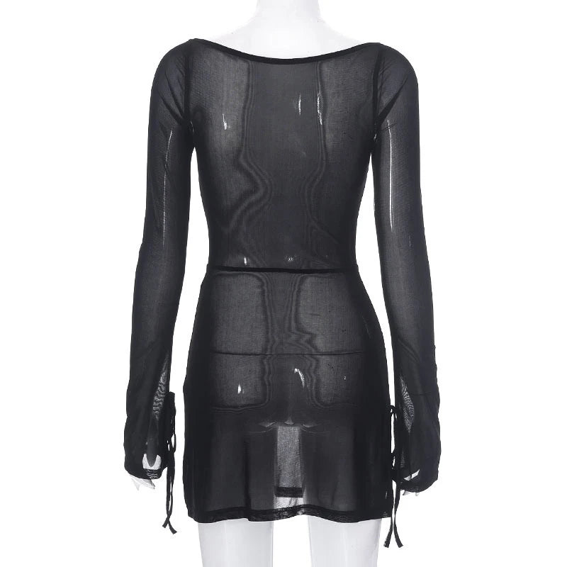 Women's Square Collar Mini Dress Y2K Gauze Long Sleeve Sheer Sexy Night Outfit Clubwear Solid Color