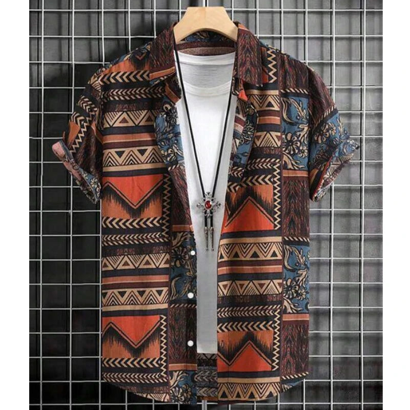 3D Printed Ethnic Men's Hawaiian Shirts Vintage Button Short Sleeve Lapel Retro Streetwear Hawaiian Blouse shirts for men Summer