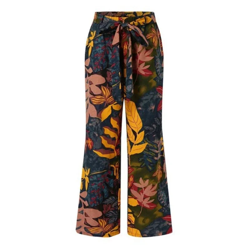 High Waist Drawstring Straight Women Pants 2024 Spring Fashion Loose Trousers Vintage Printed Casual Ladies Wide-Leg Long Pant