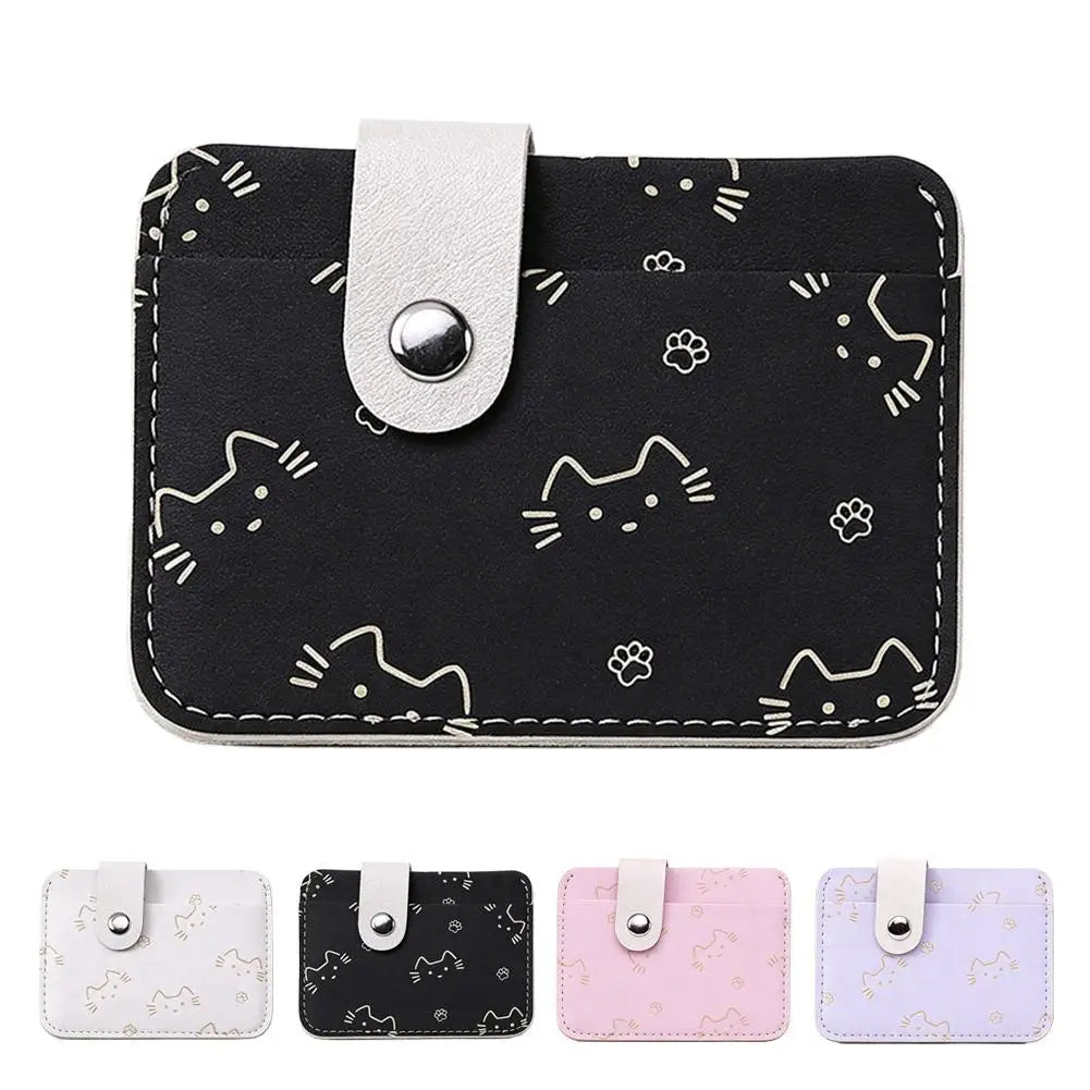 Cute Cat Print Card Holder Wallet for Women Girls Fashion PU Leather Money Bags Mini Slim Coin Purse Portable Daily Gift