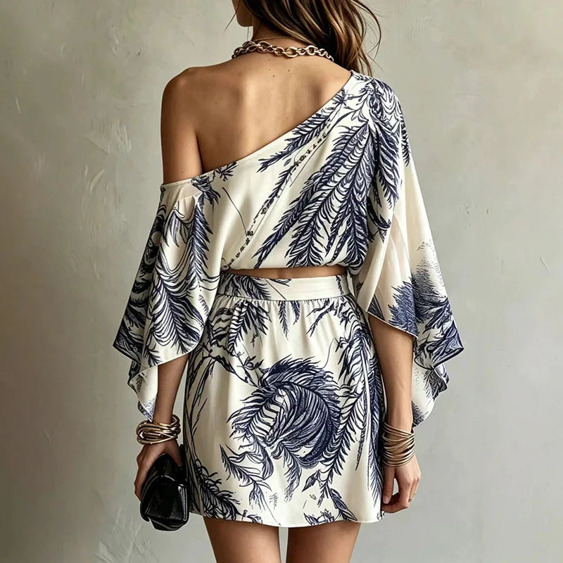 Fashion Leaf Print Bohemian Vacation Outfit Sexy Skew Collar Hollow Top+A-Line Skirts Women's Suit Spring Flare Sleeve Loose Set