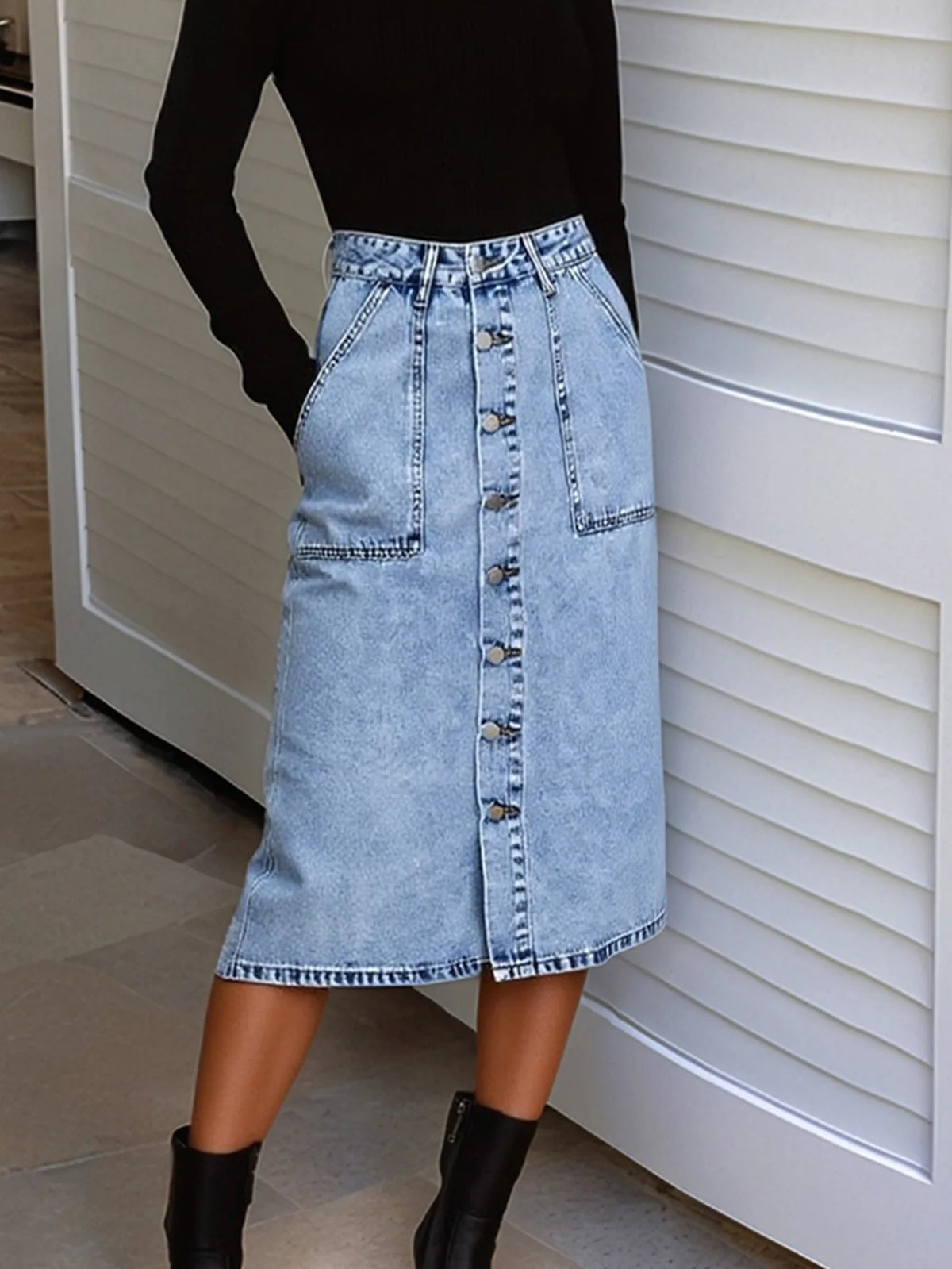European Beautiful Woman High Waist Elastic Medium and Long Denim Skirt, Thin Split Fork Over Knee Hip Wrap One Step Skirt