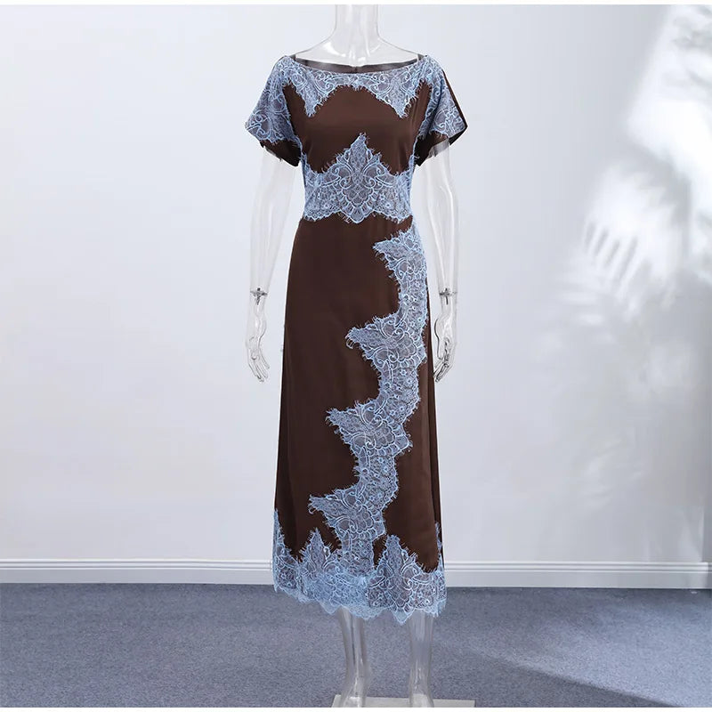 Elegant Lace Patchwork Long Women's Dress Urban Skew-collar Short Sleeve Empire Female Dresses 2026 Summer Vacation Lady Robe