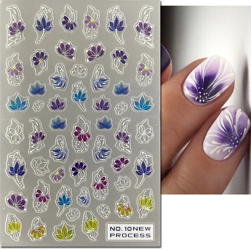 3d Nail Art Ultrathin Decals Blue Pink Blossom Florals Flowers Leaves Nail Stickers Decoration For Nail Tips Beauty