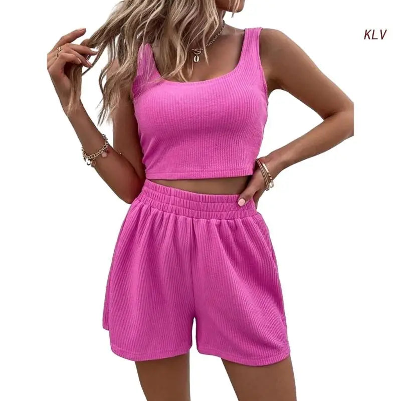 Women Tracksuit Set 2 Piece Two Piece Outfits For Women Sexy Shorts Set Ribbed  Top And Shorts Set Lounge Set