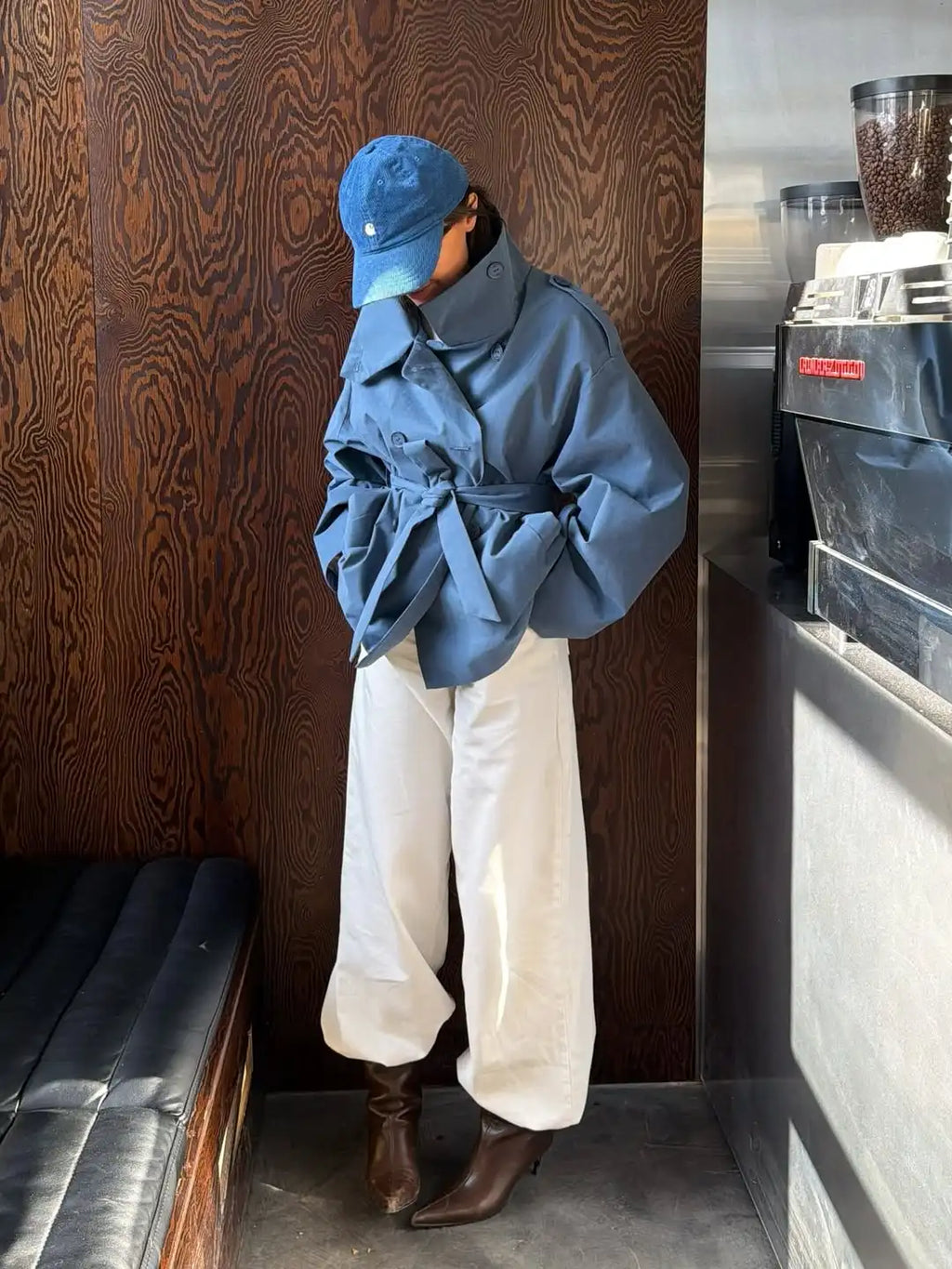 Women Casual Blue Lace-up Trench Coats Chic Stand Collar Full Sleeve Double Breasted Loose Windbreaker Lady Commute Coat 2026